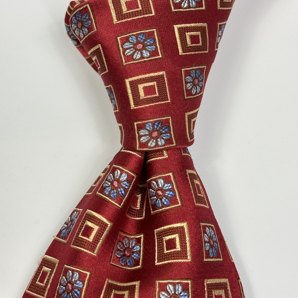 ERMENEGILDO ZEGNA 100% Silk Men's Neck Tie Floral Geometric Squares Red EUC